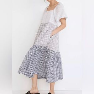 Madewell Patchwork Gingham Button-front Tiered Midi Dress size XXS